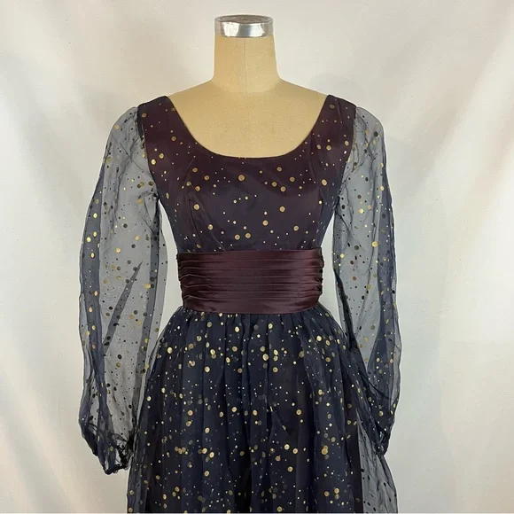 Vintage 50s Maxi Dress Navy & Gold Polka Dot Formal Gown XS/S - Picture 12 of 13